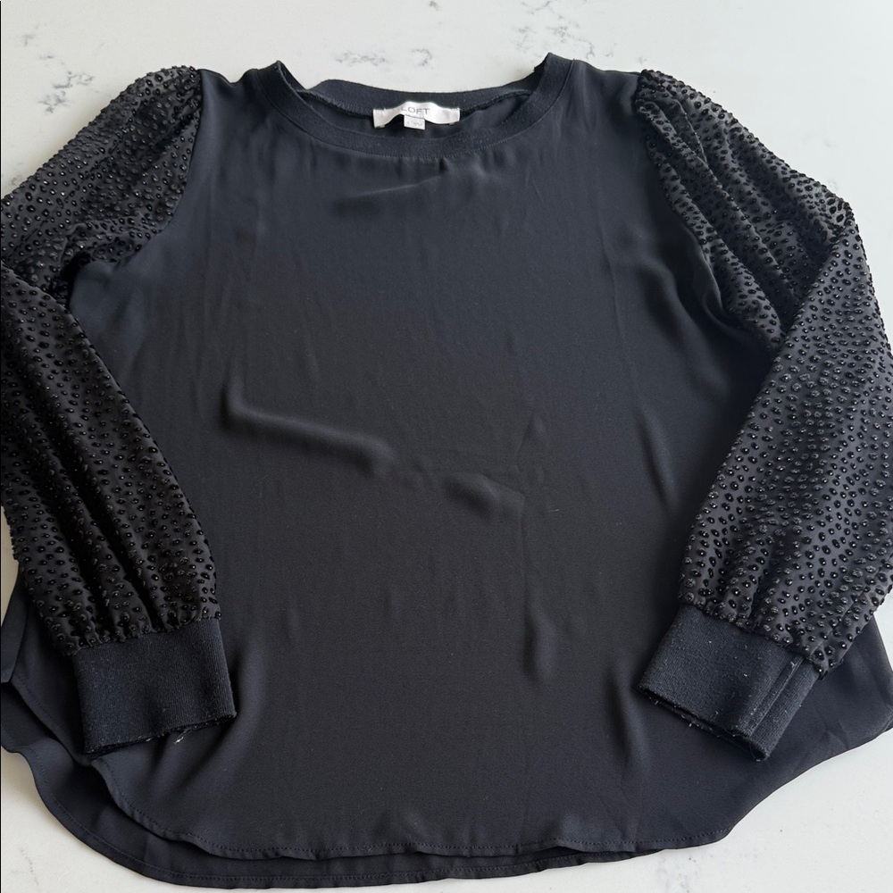 LOFT Black Blouse with Textured Velvet Dot Sleeves
